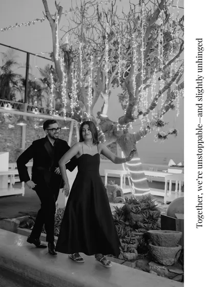 "Together, we're unstoppable." A black and white shot of the couple walking and dancing, full of confidence and joy.