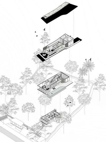 An exploded axonometric drawing, like this one for a home in Chapora, deconstructs the design layer by layer. This helps us explain the relationship between different levels of the house as it steps down a sloping site.