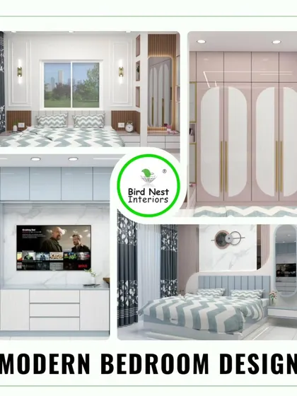This collage showcases a complete modern bedroom design, including the bed, a floor-to-ceiling wardrobe, a TV unit, and a matching dressing table.