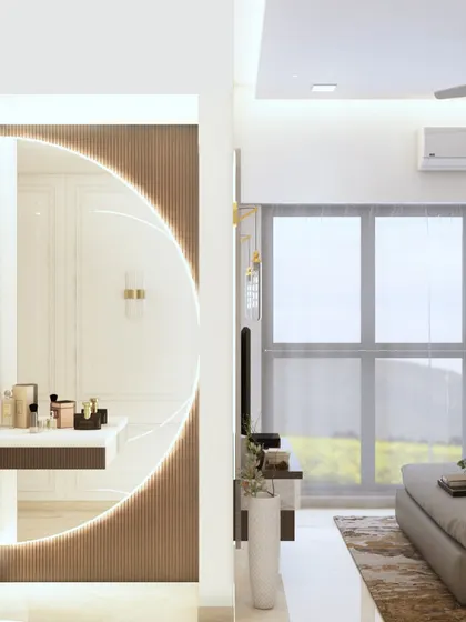 This 3D render shows a unique dressing table design integrated into a partition wall, featuring a beautifully lit circular mirror. It's a great way to combine function and high design.