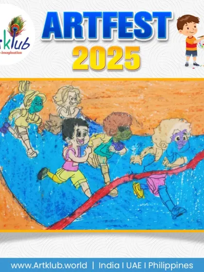 An exciting footrace to the finish line, full of movement and color, by a junior artist.