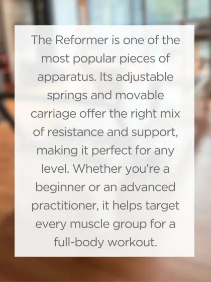The reformer's adjustable springs and movable carriage offer the right mix of resistance and support for any level. It helps target every muscle group for a complete, full-body workout.