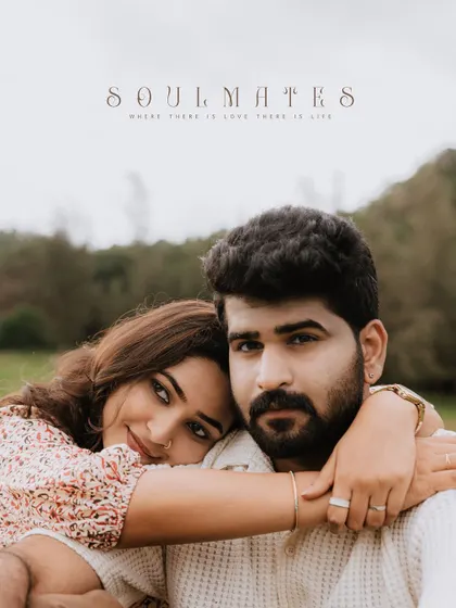 A beautiful close-up portrait of a couple, captioned "Soulmates," capturing their deep connection.