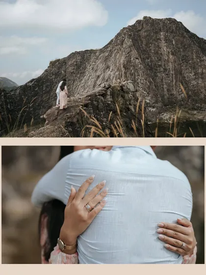 A collage showing both the grand scale of the mountains and the intimacy of an embrace. This tells a complete story of adventure and connection.