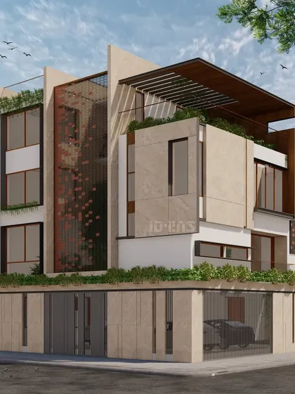 A corner view of the same concept, showing a decorative jali screen made of brick and glass blocks, which adds a unique, textured element to the facade.