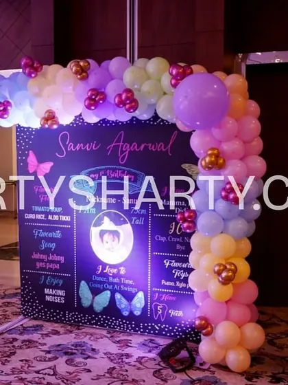 A personalized milestone board for a butterfly-themed party, framed by a colorful balloon arch. These boards are a great way to share fun facts about the birthday child.