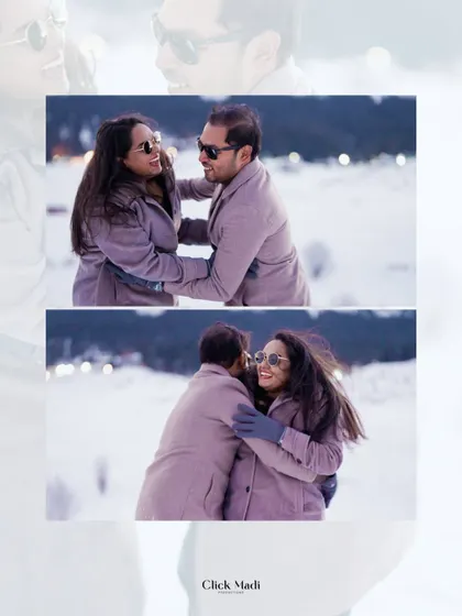 A collage of candid, playful interactions between the couple during their Kashmir pre-wedding shoot. These are the unscripted moments of laughter and affection that tell a real love story.