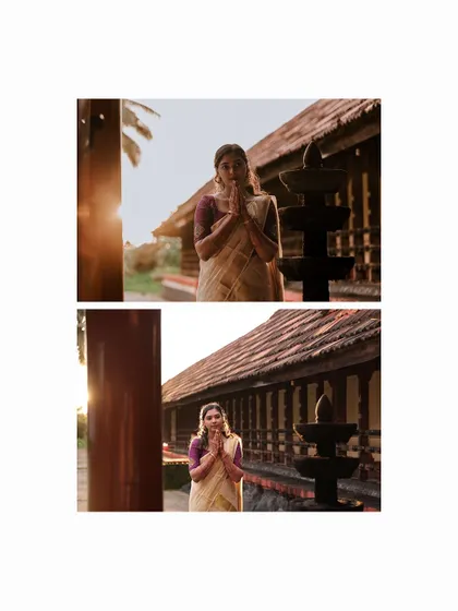 A collage of the bride in a prayer pose, captured at sunset.