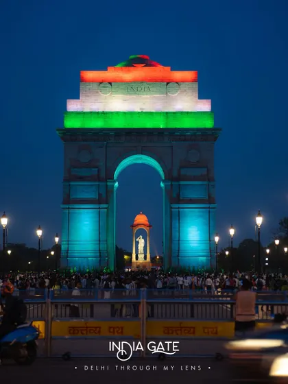 India Gate in Delhi illuminated in the colors of the national flag at night. It's a powerful and patriotic sight in the heart of my city.