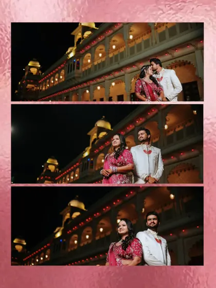 A collage of night portraits, demonstrating our skill in using artificial lighting to create dramatic and romantic images against an illuminated palace.