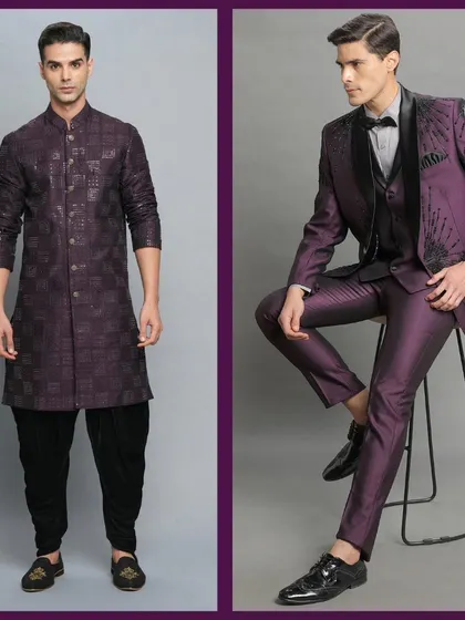 A burgundy Indo-Western and a burgundy embroidered suit. Two ways to rock this powerful color.