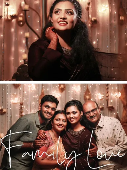 A collage that pairs a beautiful solo portrait of the bride with a loving picture of her and her family.
