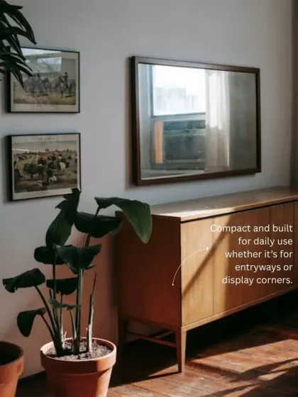A minimalist wooden console table in an entryway, perfect for display and storage. The simple design and natural wood finish create a warm and inviting atmosphere.