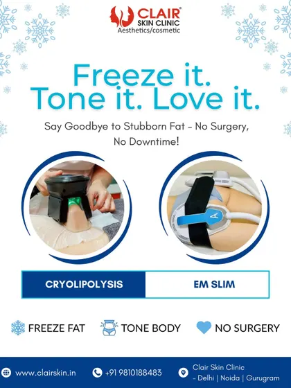 We offer a two-pronged approach to body transformation. This graphic summarizes our core services: Cryolipolysis to freeze and eliminate fat, and EM Slim to tone and build muscle. Together, they provide a complete, non-surgical body shaping solution.
