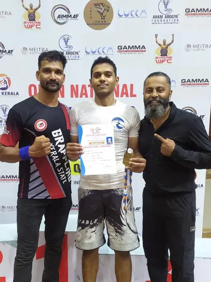 Another shot from the podium at the Open National Grappling Championship in Kerala, where I secured gold and a cash prize.
