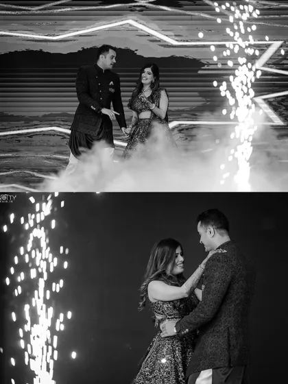 A dramatic black and white shot of the couple's stage performance, complete with pyrotechnics. This highlights the grand scale of their Sangeet.