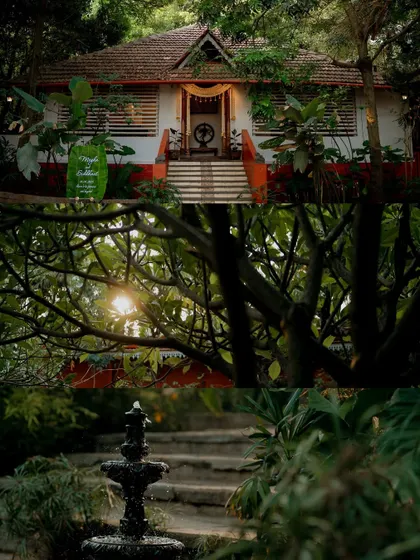 A collage of the beautiful, rustic decor at The Peacock Grove, setting a serene and natural scene for the wedding.