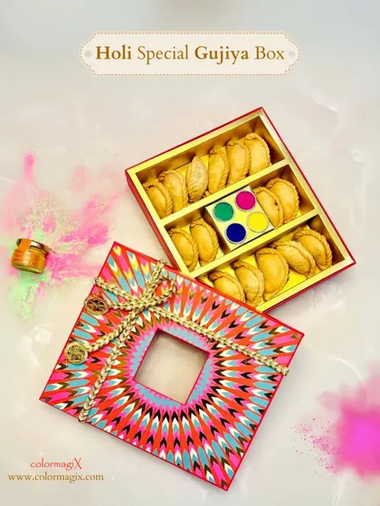 This Holi Special Gujiya Box comes with a unique design and includes small packets of organic gulal (colors). It's a complete and thoughtful gift for the festival.