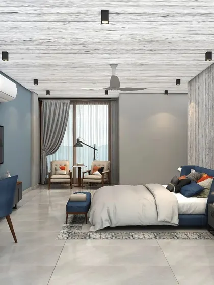 This minimalist bedroom in a Nainital villa features a grey and blue color theme with ash grey wooden panels on the ceiling and bed back wall.