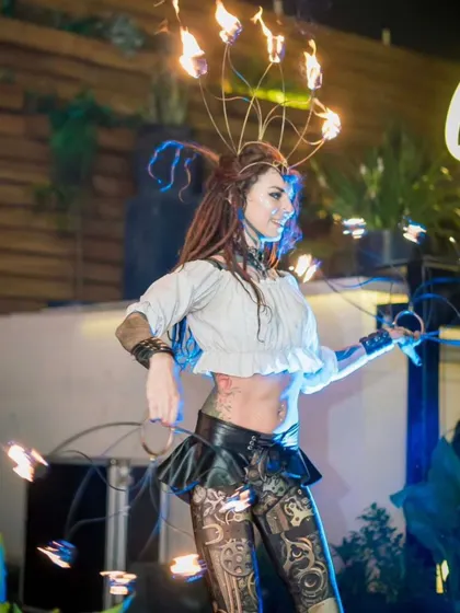 Our Steampunk performer wearing a fire crown. We can incorporate our most impressive fire props into any of our themed shows.