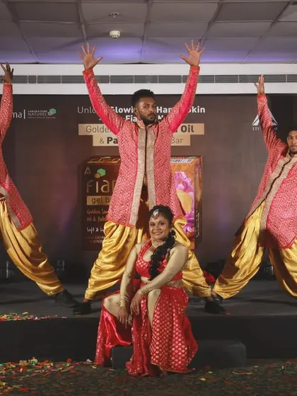 A powerful final pose from one of our themed corporate performances. The combination of dramatic posing and unique costuming ensures a memorable and photo-worthy moment for your event.