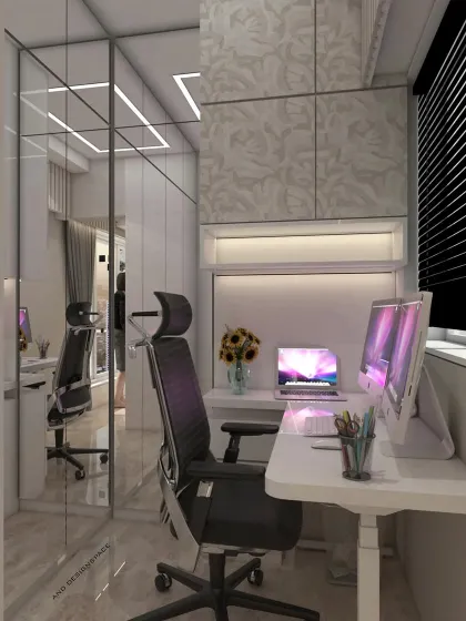 A 3D render of a dedicated home office and walk-in wardrobe area carved out of a bedroom. A glass partition separates the spaces, creating a functional office while allowing light to pass through.