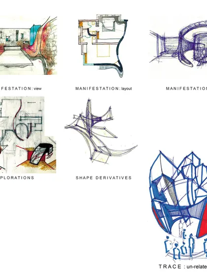 A collage of sketches showing the evolution of a design from abstract trace to layout and form.