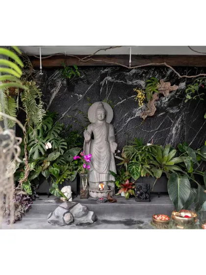 The full setup of the meditation corner, a testament to creating a spiritual and grounding space within a modern home.