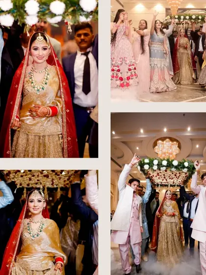 This collage captures the beauty and tradition of the bride's entrance, carried by her brothers under a "phoolon ki chadar" (canopy of flowers).