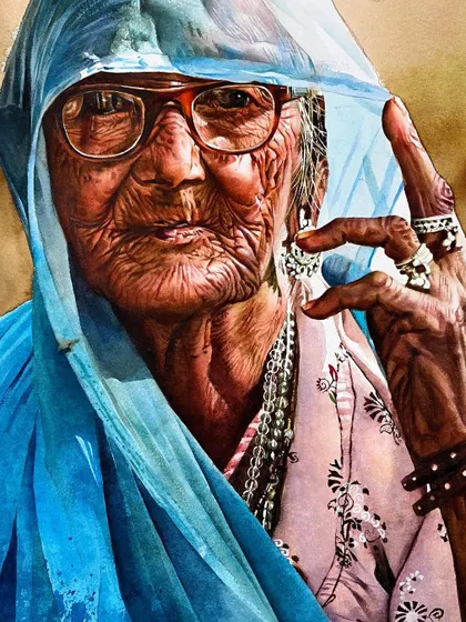 The final, full-view of the advanced watercolor portrait. The composition, with her hand adjusting her earring, creates a natural and engaging pose.