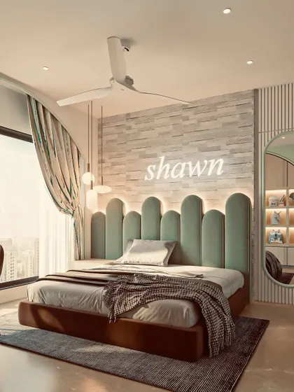 A close-up of the pastel kids' room, showing the personalized "Shawn" neon sign above the bed. The scalloped, upholstered headboard adds a soft and playful touch to the space.