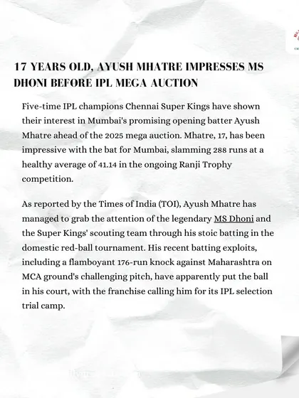 Another news report highlighting how Ayush Mhatre's consistent performance in domestic cricket caught the attention of IPL scouts. Performance is the only currency that matters.
