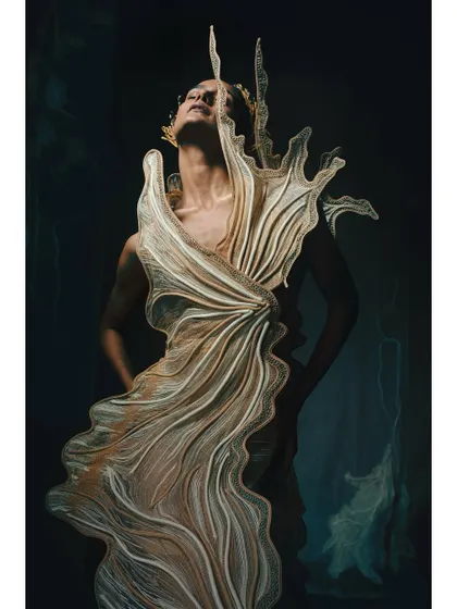 This image from the Vaishali S campaign showcases a sculptural, gold-toned gown. The dramatic, upward-looking pose and chiaroscuro lighting create a sense of power and divinity, elevating the brand's image.