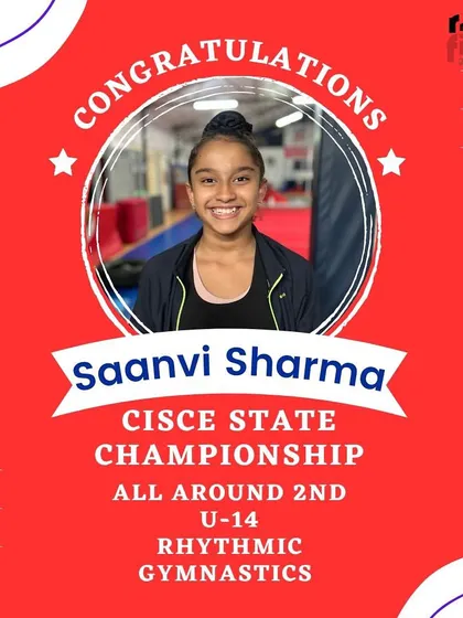 Saanvi's graceful performance in Rhythmic Gymnastics earned her 2nd place all-around at the state championship, and she is now on her way to the Nationals.