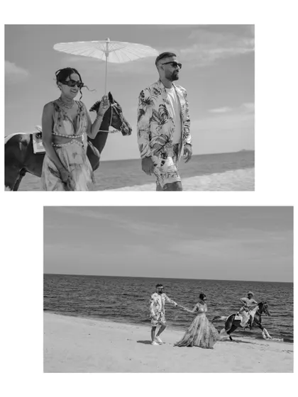 A black and white collage of the couple's unique beach photoshoot.