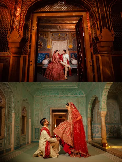 A regal, two-panel image of a couple in a palace. The rich colors of the architecture and their traditional outfits create a stunning, cinematic scene straight out of a historical romance.