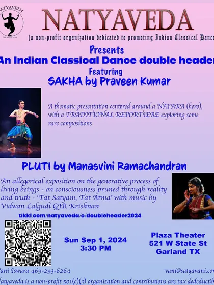 The poster for a double header event in Dallas, Texas, featuring my solo work "SAKHA." It was a pleasure to share the bill with the talented Manasvini Ramachandran.