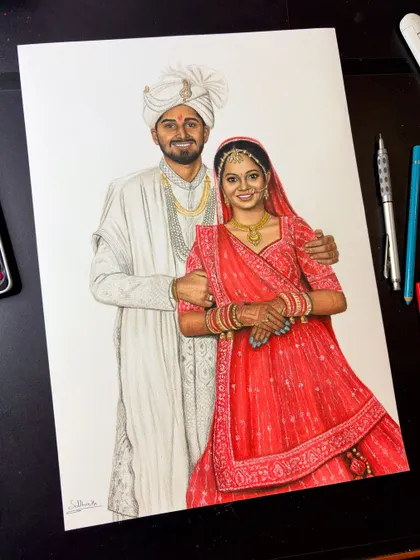 The full view of the A3 wedding portrait. The combination of the white and red outfits creates a beautiful contrast in this colour sketch.