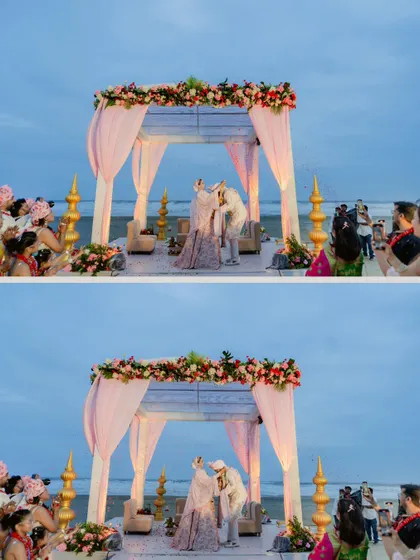 A collage of the Sindoor moment on the beach, a deeply significant ritual captured against the backdrop of the setting sun.