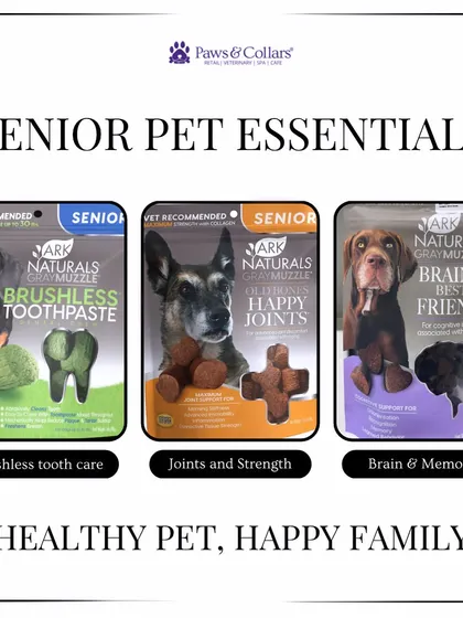A collection of our senior pet essentials from Ark Naturals. We offer targeted support for brushless tooth care, joint health, and cognitive function to ensure your pet's golden years are comfortable and happy.