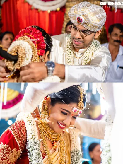 A diptych showing the groom adorning the bride's hair with flowers and another key ritual, capturing the intricate details of the ceremony.
