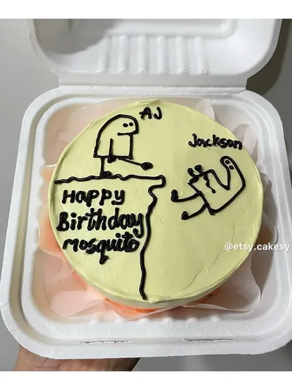 A personalized meme-themed bento cake with inside jokes for a friend's birthday.