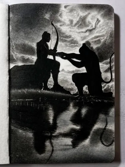 A close-up shot of the charcoal silhouette artwork featuring Lord Rama and Hanuman. The details of the stormy clouds and the water's reflection are more visible here.