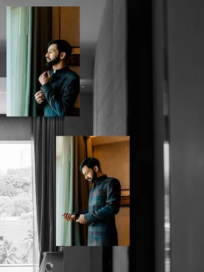A collage of the groom adjusting his cuffs and looking out the window.