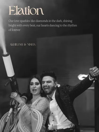 "Elation." A black and white shot of the couple having a blast with a smoke gun. Their expressions of pure joy and excitement perfectly capture the peak of the party.