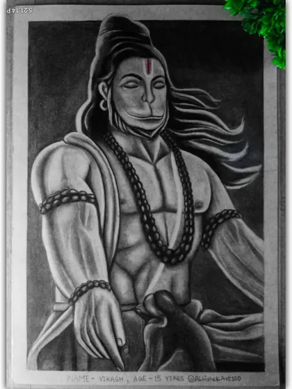 A graphite drawing of Lord Hanuman in a meditative pose with wind-blown hair. This piece was done when I was 15 years old.