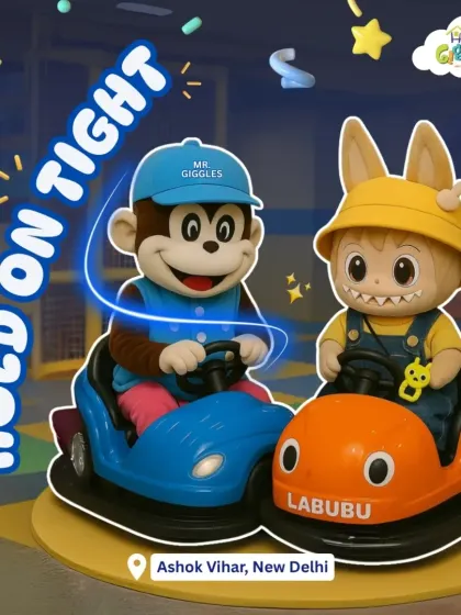 Hold on tight! Mr. Giggles and his friend Labubu are ready for a bumper car adventure. These rides are designed to be safe, exciting, and full of giggles for our youngest visitors.
