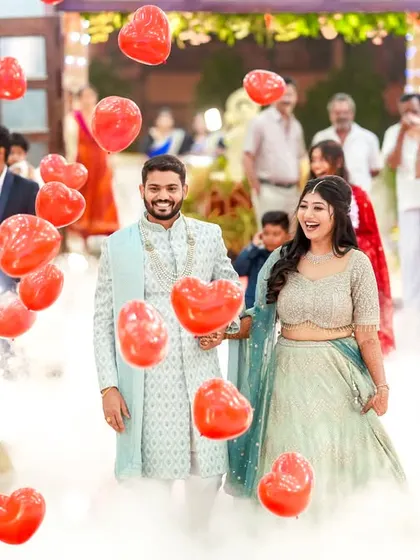 A grand entrance with heart-shaped confetti and smoke, creating a fun and celebratory atmosphere.