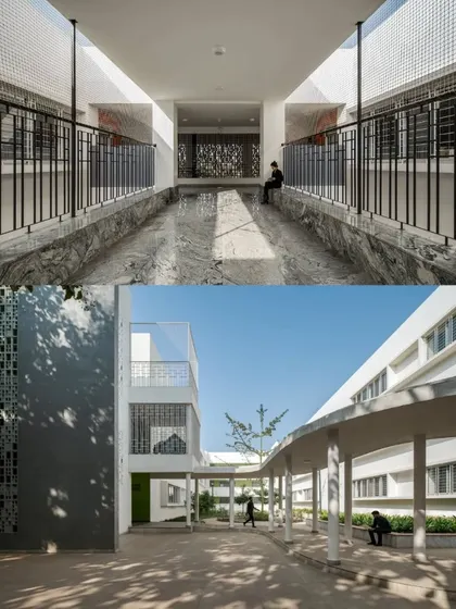 Two views of Vidyashilp Academy: one showing an interior ramp with light filtering through a screen, and the other an exterior covered walkway. Both images demonstrate how circulation spaces are designed to be bright, airy, and connected to the outdoors.