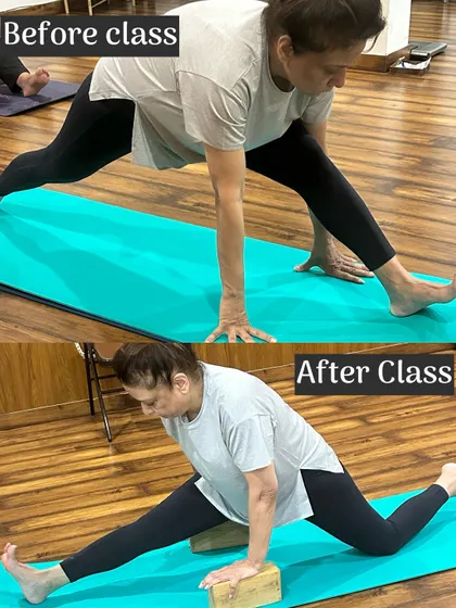 This before and after from our split practice class shows how using yoga blocks for support can make a huge difference. We don't force the body. We work with it, providing the tools it needs to release tension and build flexibility safely.